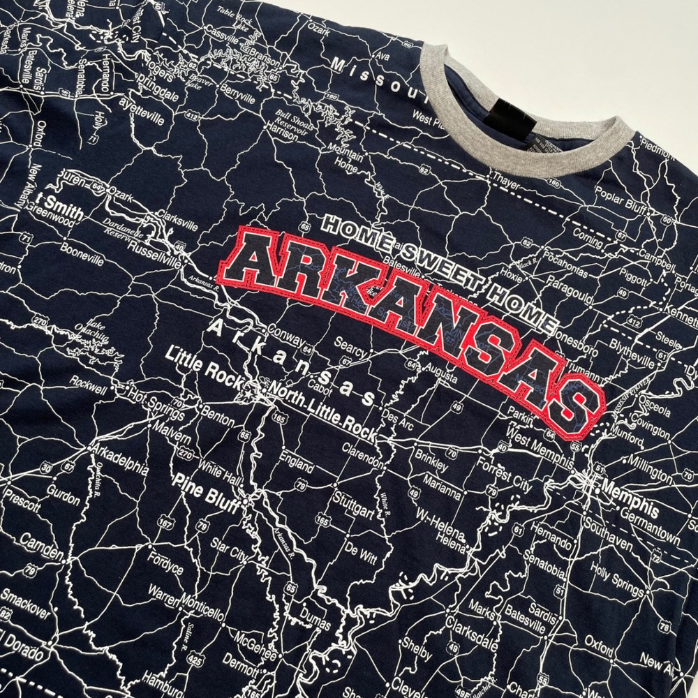 State of Mine Arkansas Road Map T-Shirt Mens Large Navy All Over Print Souvenir